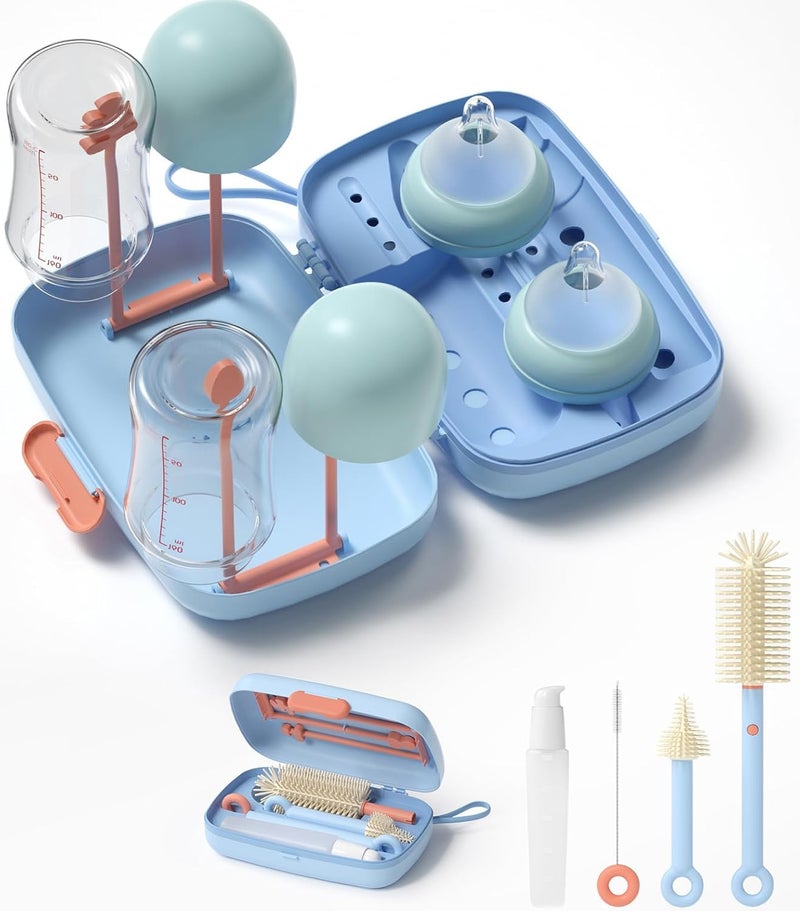 suvast 7in1 Travel Bottle Cleaner kit with Baby Bottle Brush and Bottle Drying Rack,Swift Cleaning, Easy Portability(Blue) - Image 1